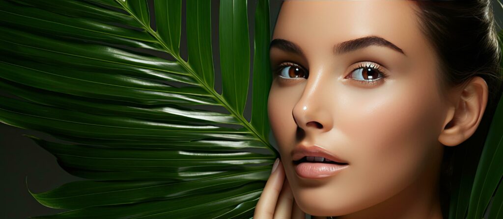 روشن چمکتا چہرہ،صاف و شفاف جلد، مگر کیسے؟ 1 beautiful young woman with glowing skin holds tropical leaf partly covering face gentle makeup personal care concept free photo