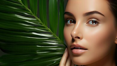 beautiful young woman with glowing skin holds tropical leaf partly covering face gentle makeup personal care concept free photo