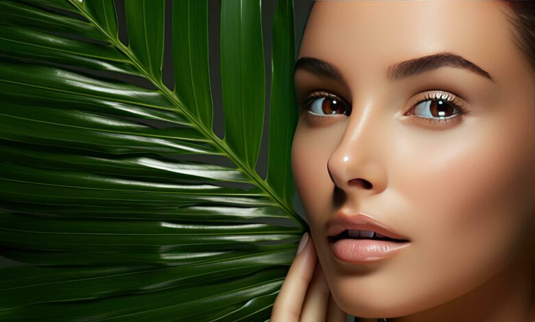 روشن چمکتا چہرہ،صاف و شفاف جلد، مگر کیسے؟ 1 beautiful young woman with glowing skin holds tropical leaf partly covering face gentle makeup personal care concept free photo