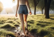 a girl in a park during morning walk without shoes on grass or mud e1744910171976