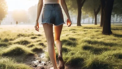 a girl in a park during morning walk without shoes on grass or mud e1744910171976