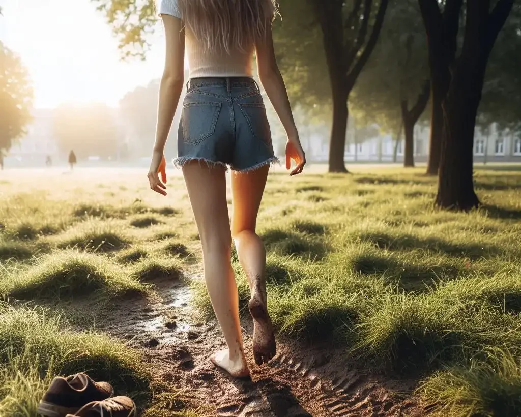 a girl in a park during morning walk without shoes on grass or mud e1744910171976